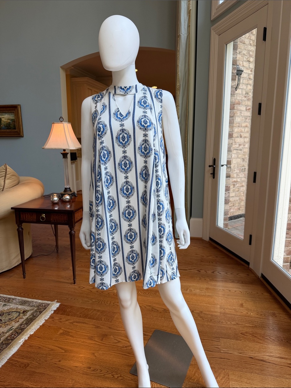 Promesa White & Blue Printed Mini Swing Dress